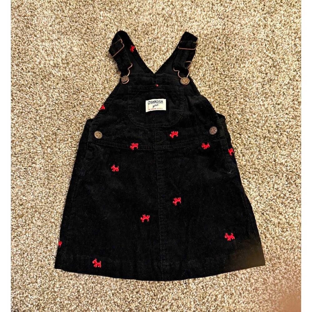 OshKosh Girls 24M Black Corduroy Overall Dress Red Embroidered Scottie Dog